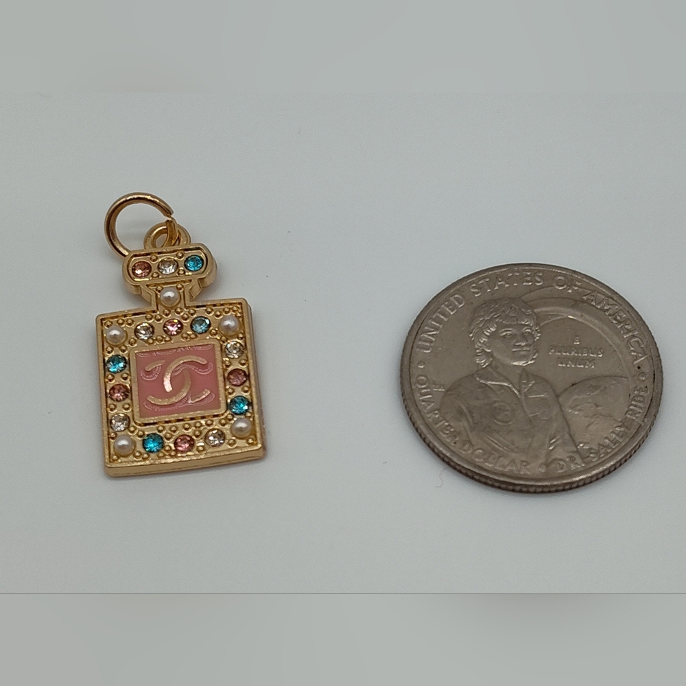 CHANEL Gold Perfume Bottle Charm Pink Enamel CC Crystals Karl Lagerfeld Era - Picture 2 of 3